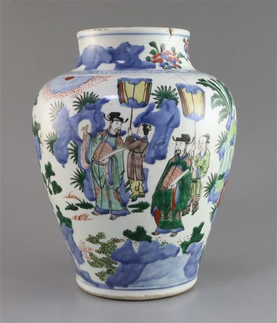 A Chinese wucai vase, Transitional period, 17th century, H. 30.5cm, cracked